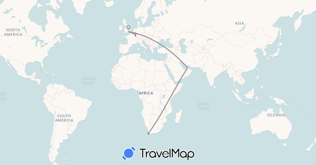 TravelMap itinerary: driving, plane, train in United Arab Emirates, Germany, France, United Kingdom, Luxembourg, South Africa (Africa, Asia, Europe)